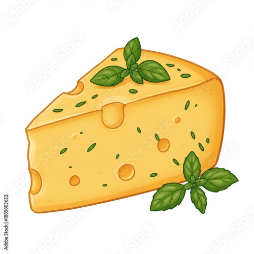 Cartoon Yellow Cheese Triangle with Basil Leaves on a White Background