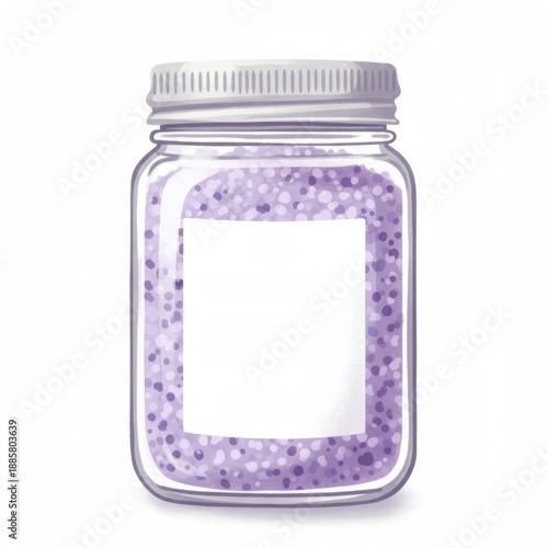 Clear Glass Jar Full of Purple Bath Salts with Lavendlier Label on White