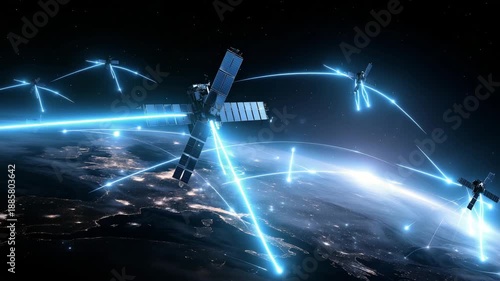 detailed space scene depicting multiple communication satellites orbiting Earth, interconnected by glowing data lines forming a global digital network. The planet’s surface shows 4K