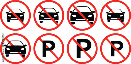 No parking and no vehicle entry prohibition signs with car and parking symbols