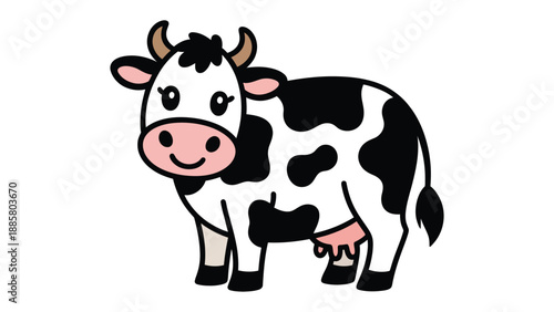 Cute Cartoon Cow: A charming cartoon cow with a smiling face and distinctive black and white spots, embodies a sense of farmyard serenity and rural simplicity.
