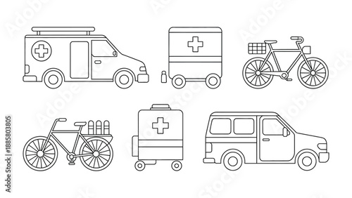 Medical Transportation Icons: A set of essential medical transport icons, including ambulance, bicycle, and medical cart.