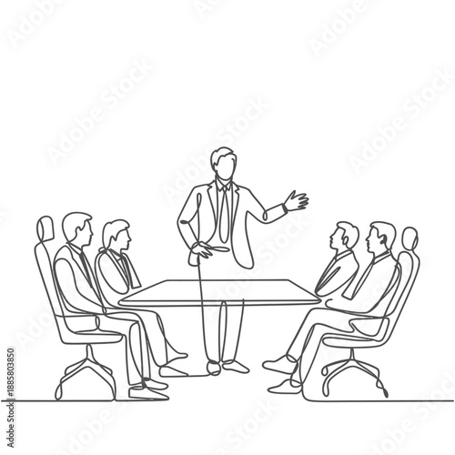 Line drawing of a business meeting with a presenter and attendees