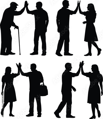 Four black silhouette figures in uniform holding shotgun, chainsaw and raised arms, high-contrast minimalist vector illustrating roles, tools, and tension