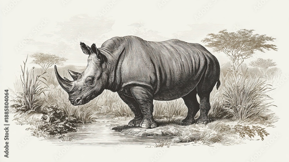 Obraz premium Wild rhinoceros near a stream in savanna landscape, detailed engraving sketch with trees and dry grass