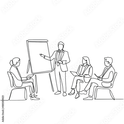 A business meeting in progress presenter with an audience in a boardroom
