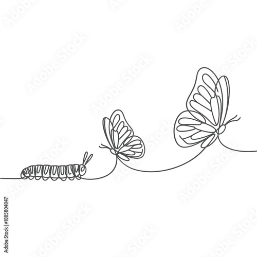 Continuous line drawing depicting the metamorphosis from caterpillar to butterfly