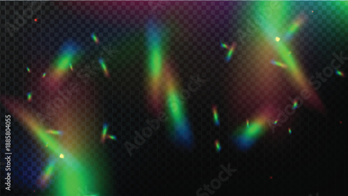 PNG Crystal Prism Light Effect Sparkle Glare Reflection Overlay. Glass Banner Optical Rainbow Lights, Chromatic Streak Rainbow Effect, Falling Confetti