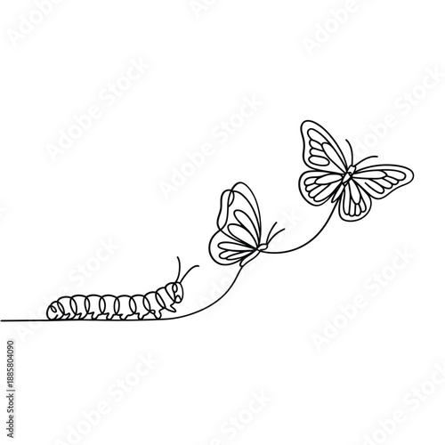 Line art depicting the metamorphosis of a caterpillar into a butterfly