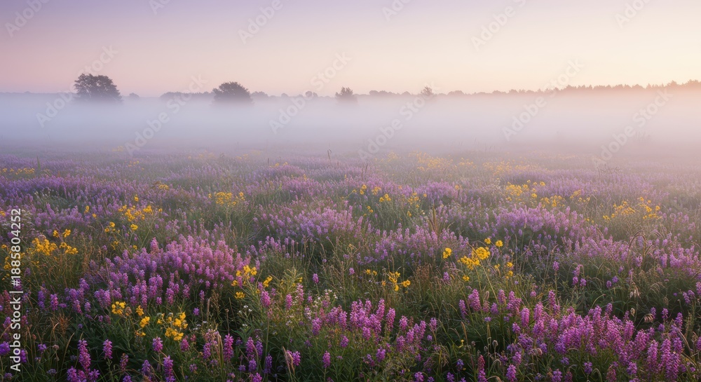 Naklejka premium Purple and yellow wildflowers bloom across a misty meadow at dawn