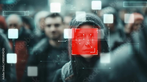 facial recognition technology scanning woman’s face in public crowd, concept of artificial intelligence, surveillance and biometric identification facial recognition  4K