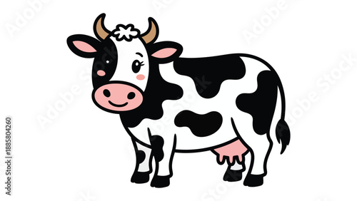 Smiling Dairy Cow Illustration: A cheerful dairy cow, distinguished by its black and white markings, stands with a friendly smile, embodying the essence of rural life and dairy farming.