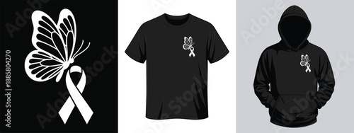 Butterfly and white ribbon graphic for awareness or memorial on black background