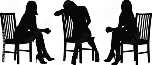 Three seated female silhouettes on wooden chairs in high heels showing varied postures and body language, minimalist black-and-white vector for editorial use