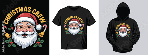 Christmas Crew Santa Claus illustration with bells, holly, and candy canes