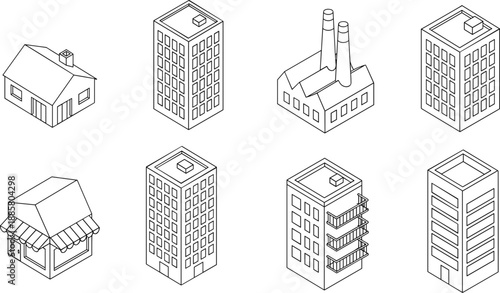 Isometric building set outline vector, black and white line art of city architecture, including house, factory, shop, and apartment blocks for urban map design assets.