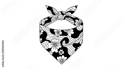 Black and White Floral Bandana Vector Illustration, Pet Accessory Mockup, Cute Dog Scarf Template for Design