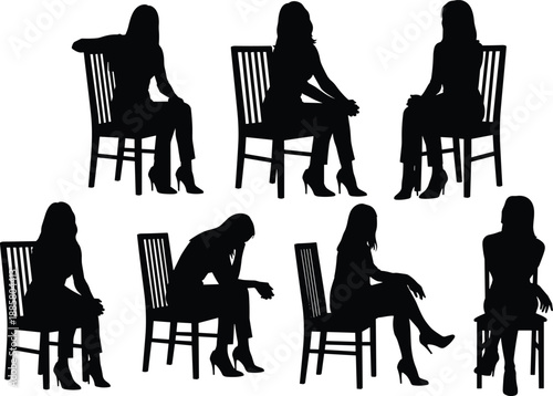 Seven seated silhouettes on wooden chairs displaying varied high-heel postures and expressive body language, study of seated ergonomics, fashion, and mood