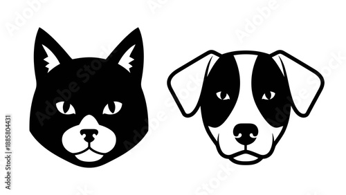 Black and White Cat and Dog Heads Vector Illustration, Minimalist Pet Icons for Animal Lovers and Veterinary Services, Clean Design Graphic