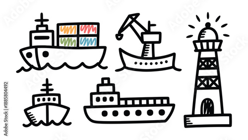Maritime Icons: A collection of maritime icons representing ships, cargo, and a lighthouse, with each icon designed to evoke a sense of navigation and the sea.
