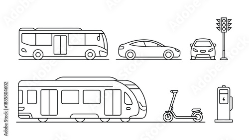 Sustainable Transport: A collection of various means of transport, designed to visualize the concept of green transport options.