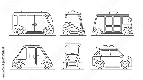 Future Transit: Outlined vehicles portray a vision of tomorrow's transport with various designs and styles, hinting at innovation and sustainability in urban mobility.