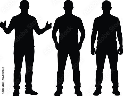 Three black silhouette figures demonstrating varied body language and posture thumbs up, hands in pockets, relaxed stance minimalist high-contrast vector for design