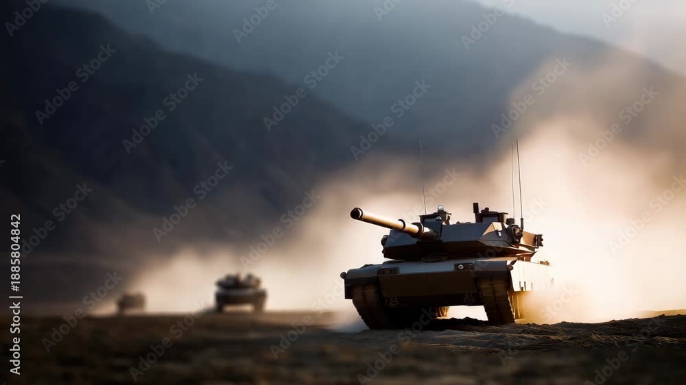 heavy armored tanks advancing through sand and dust in mountain valley ...