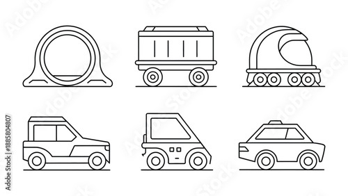 Vehicular Variety: A collection of various vehicles, including trains, cars and others, presented in clean line art, perfect for illustrative uses.