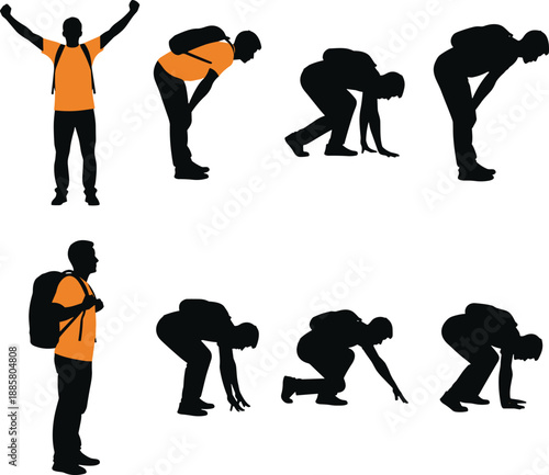 Sequence of silhouetted hiker in orange shirt and backpack showing progressive postures from triumphant standing to crouching, illustrating exertion and movement