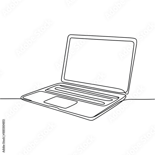 A single line drawing depicting a modern laptop computer in minimalist style