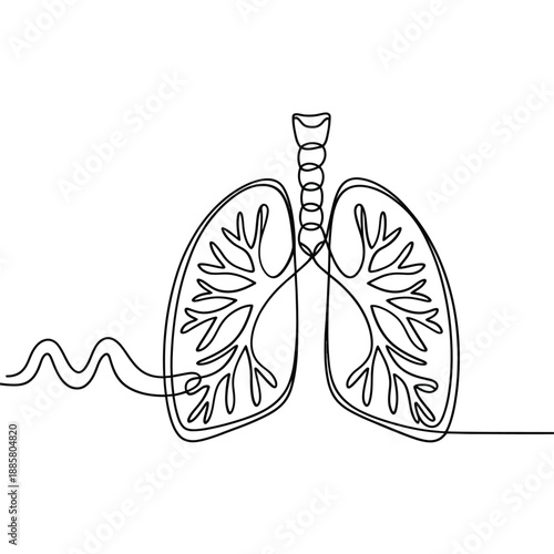 Minimalist one line drawing of human lungs and electrocardiogram heartbeat