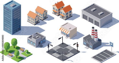 Isometric city infrastructure illustration, buildings, park, roads, factory, shop, urban planning, vector design, simulation layout