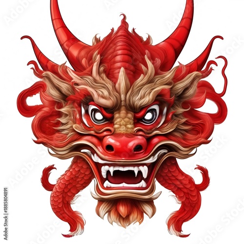 Chinese red dragon mask in graphic style on white background