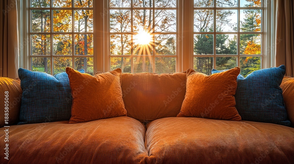 Fototapeta premium Cozy Living Room Sofa with Colorful Cushions Facing Large Window Sunset