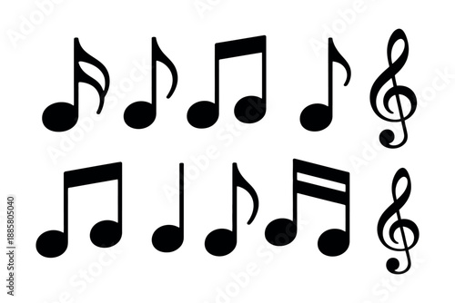 Musical Notes Vector Set -  Black Treble Clef and Melody Icons Isolated on White Background for Sheet Music Notation and Symphony Composition