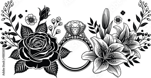 diamond, ring, floral, illustration, engagement, wedding, jewelry, rose, lily, bouquet, vintage, black, white, vector, romantic, elegant, decorative, love, luxury, isolated