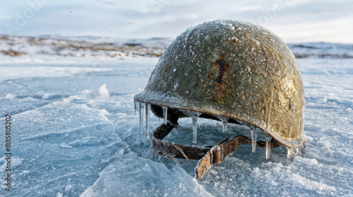 A solitary, weathered helmet, frozen amidst a landscape of ice and snow, evokes a sense of both the past and the cold starkness of conflict.