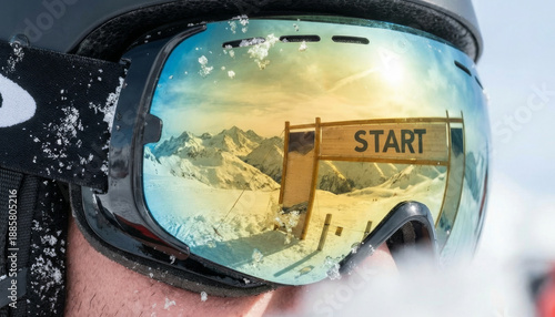 The ski goggles reflect a vibrant winter panorama featuring the starting gate, ready for the downhill race. Capturing a sense of anticipation and the thrill of the sport. 