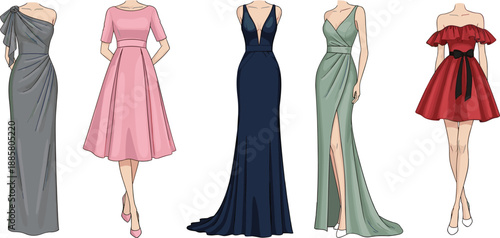 Elegant fashion illustration, stylish women in formal dresses, evening gown collection, modern outfit inspiration, chic attire for special occasions