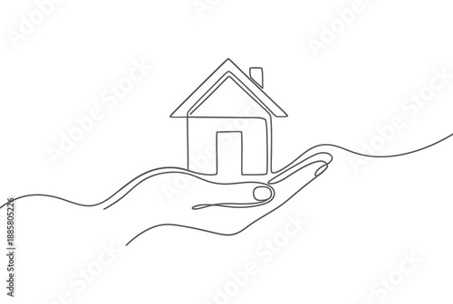 A single line drawing of a house held in a protective hand