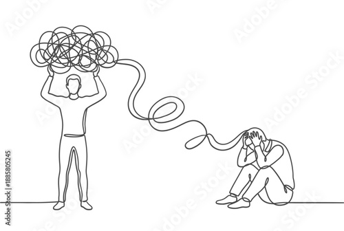 A person burdened by tangled thoughts and another experiencing emotional distress