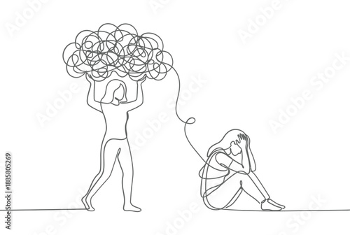 Woman burdened by tangled lines reaching towards another in distress