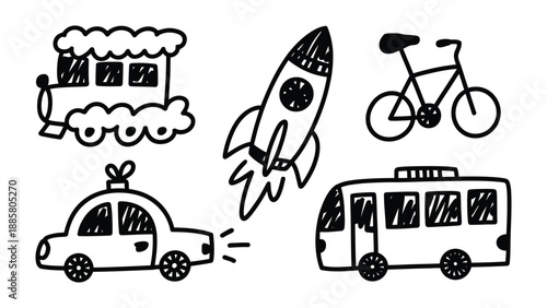 Doodle Transport Illustrations: A charming collection of doodle-style illustrations, presenting a delightful array of transportation options, from a playful train to a rocket and other vehicle.