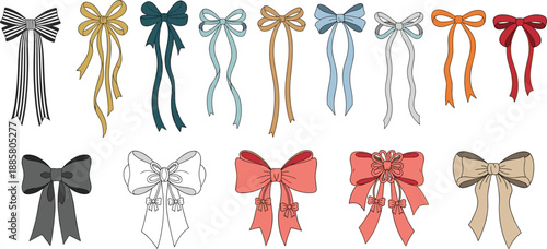 Hand-drawn vector illustration set of twelve various decorative ribbon bows, featuring different shapes, colors, and patterns, isolated on a white background.