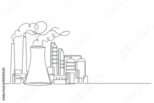 Industrial landscape with smokestacks and factory buildings in a single line drawing