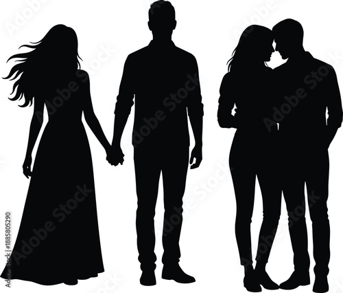 Three black silhouettes depicting complex romantic relationships and intimate embraces between partners, conceptual love triangle illustration for relationship, dating and social themes