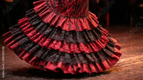 Captivating flamenco dancer swirling in a vibrant costume on a dimly lit stage, portraying the essence of Spanish passion.