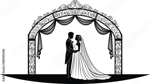 Elegant wedding arch silhouette, bride and groom couple, romantic ceremony scene, luxury marriage illustration, classic black vector design for stock
