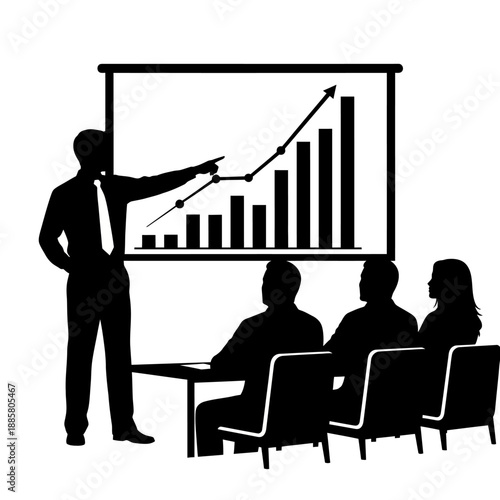 Businessman presenting graph to audience silhouettes.